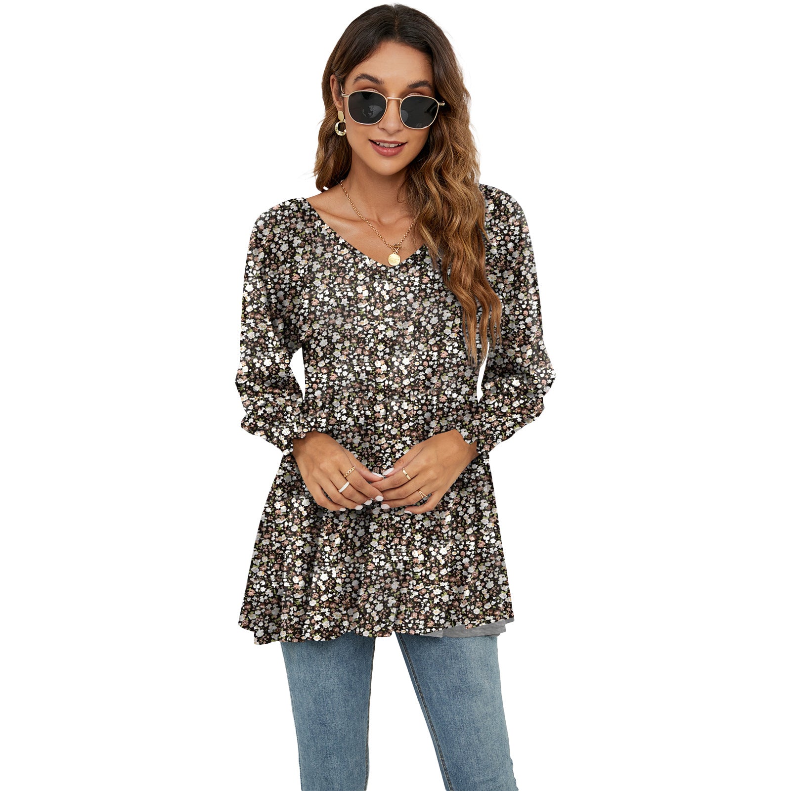 Women's Fashion Casual Printing Bubble Long Sleeve Waist Top