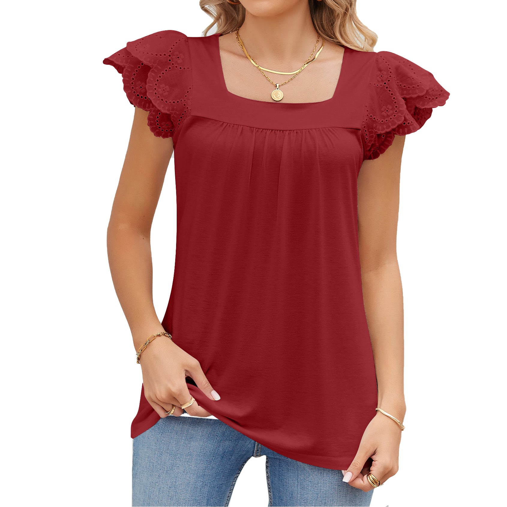 Solid Color Lace Stitching Square Collar Petals Short Sleeve T-shirt Top Female