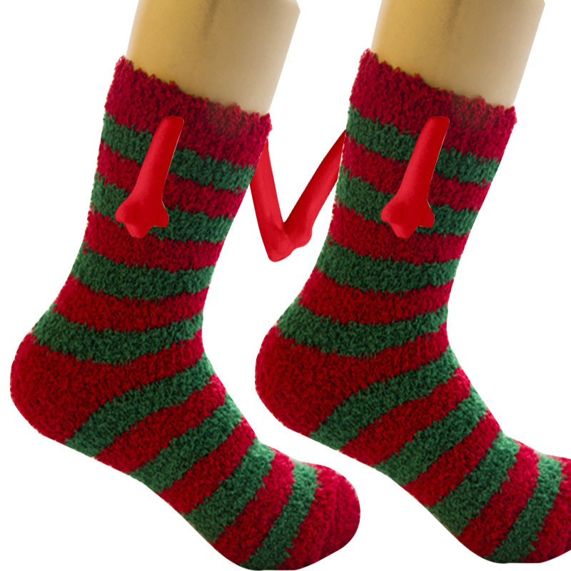 Weihnachtszubehör, magnetischer Saug-Hand-in-Hand-Paar-Socken, Korallen-Fleece-Röhrensocken, warme Hausschuhe, Bettsocken, Winter-weiche, warme Hausschuhe