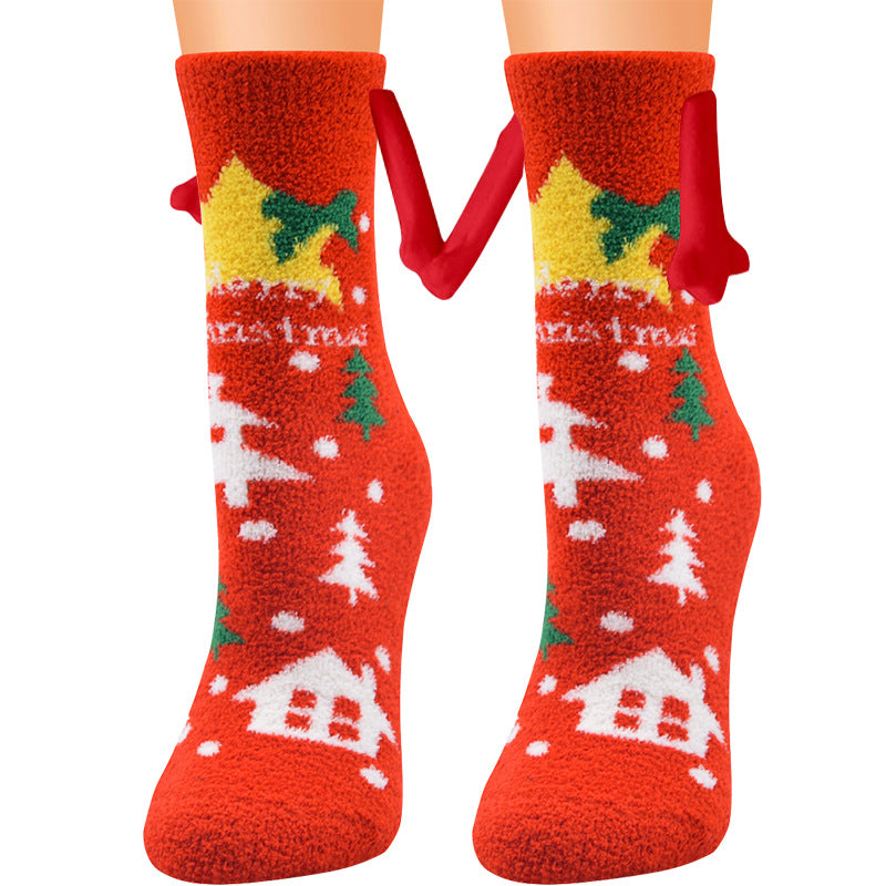 Weihnachtszubehör, magnetischer Saug-Hand-in-Hand-Paar-Socken, Korallen-Fleece-Röhrensocken, warme Hausschuhe, Bettsocken, Winter-weiche, warme Hausschuhe