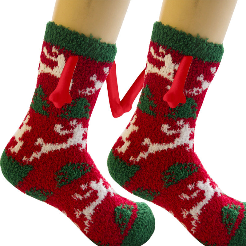 Weihnachtszubehör, magnetischer Saug-Hand-in-Hand-Paar-Socken, Korallen-Fleece-Röhrensocken, warme Hausschuhe, Bettsocken, Winter-weiche, warme Hausschuhe