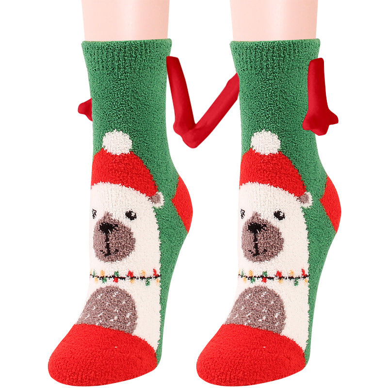 Weihnachtszubehör, magnetischer Saug-Hand-in-Hand-Paar-Socken, Korallen-Fleece-Röhrensocken, warme Hausschuhe, Bettsocken, Winter-weiche, warme Hausschuhe