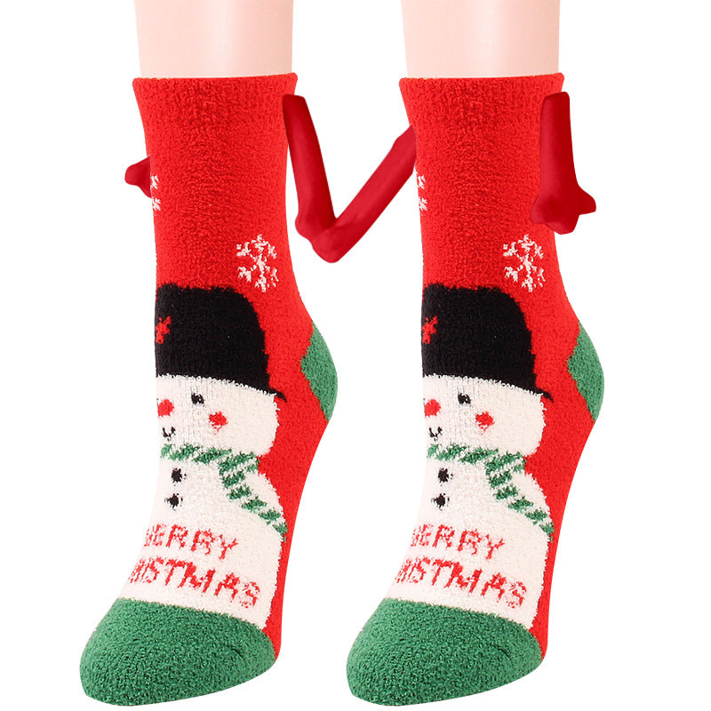 Weihnachtszubehör, magnetischer Saug-Hand-in-Hand-Paar-Socken, Korallen-Fleece-Röhrensocken, warme Hausschuhe, Bettsocken, Winter-weiche, warme Hausschuhe
