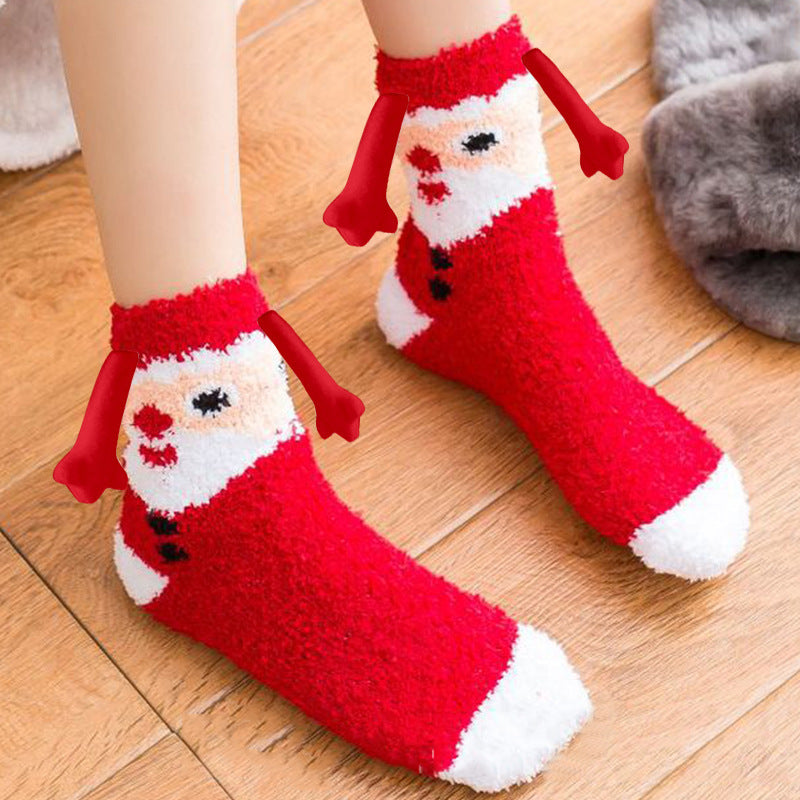 Weihnachtszubehör, magnetischer Saug-Hand-in-Hand-Paar-Socken, Korallen-Fleece-Röhrensocken, warme Hausschuhe, Bettsocken, Winter-weiche, warme Hausschuhe