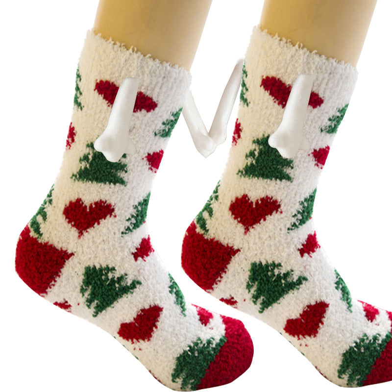 Weihnachtszubehör, magnetischer Saug-Hand-in-Hand-Paar-Socken, Korallen-Fleece-Röhrensocken, warme Hausschuhe, Bettsocken, Winter-weiche, warme Hausschuhe
