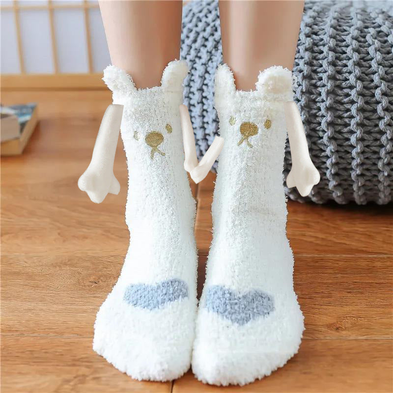 Weihnachtszubehör, magnetischer Saug-Hand-in-Hand-Paar-Socken, Korallen-Fleece-Röhrensocken, warme Hausschuhe, Bettsocken, Winter-weiche, warme Hausschuhe