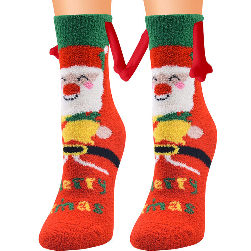 Weihnachtszubehör, magnetischer Saug-Hand-in-Hand-Paar-Socken, Korallen-Fleece-Röhrensocken, warme Hausschuhe, Bettsocken, Winter-weiche, warme Hausschuhe