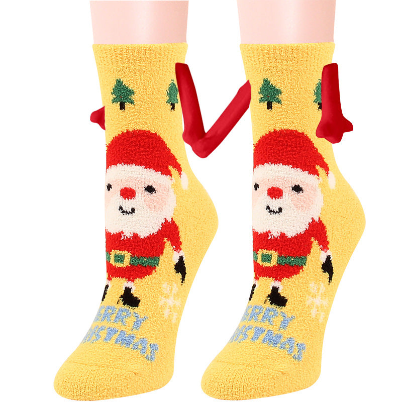 Weihnachtszubehör, magnetischer Saug-Hand-in-Hand-Paar-Socken, Korallen-Fleece-Röhrensocken, warme Hausschuhe, Bettsocken, Winter-weiche, warme Hausschuhe