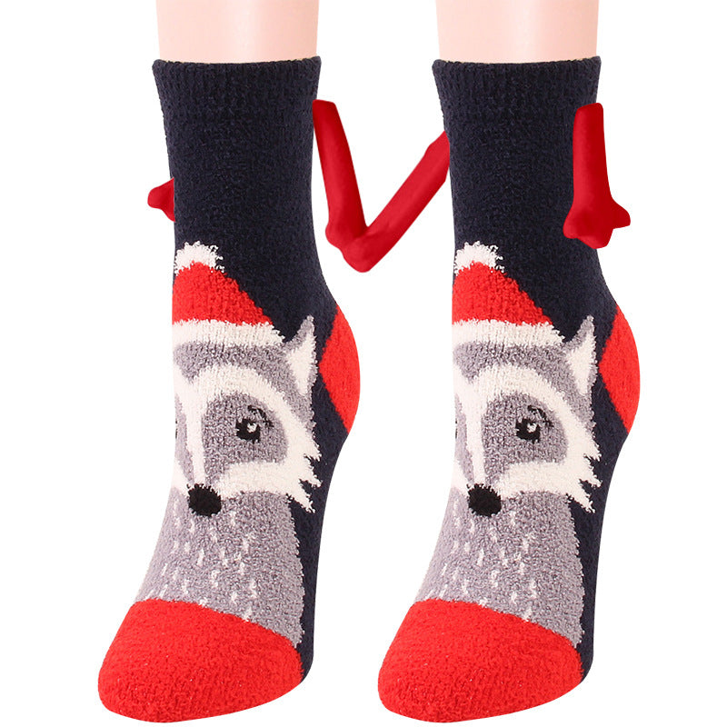 Weihnachtszubehör, magnetischer Saug-Hand-in-Hand-Paar-Socken, Korallen-Fleece-Röhrensocken, warme Hausschuhe, Bettsocken, Winter-weiche, warme Hausschuhe