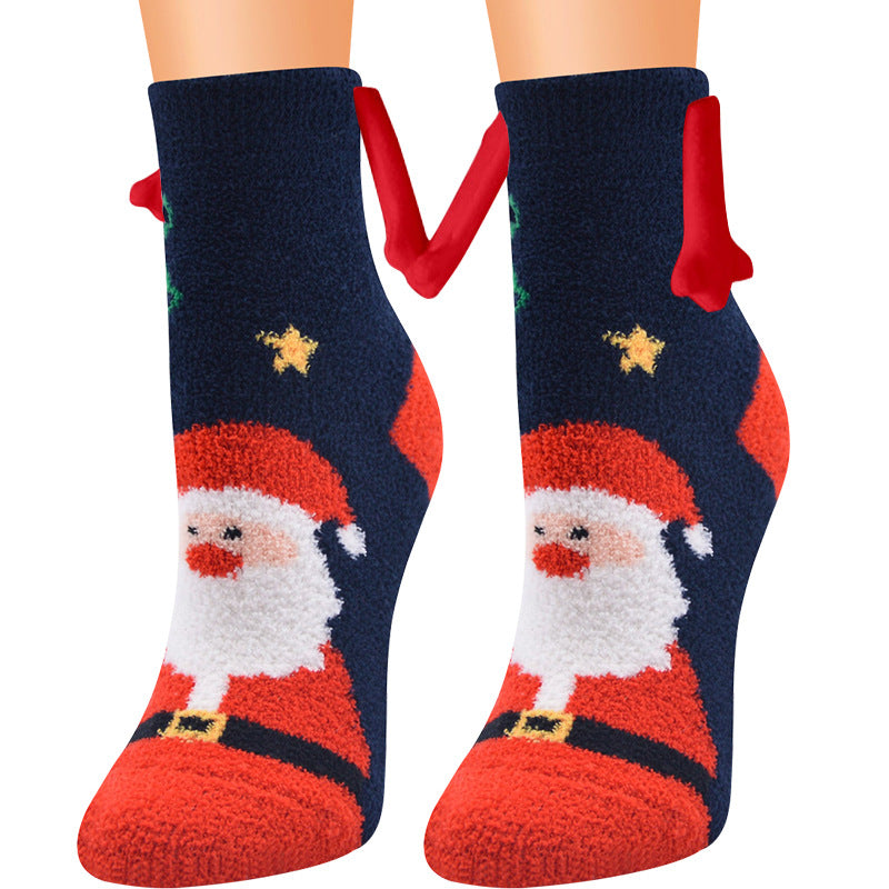 Weihnachtszubehör, magnetischer Saug-Hand-in-Hand-Paar-Socken, Korallen-Fleece-Röhrensocken, warme Hausschuhe, Bettsocken, Winter-weiche, warme Hausschuhe
