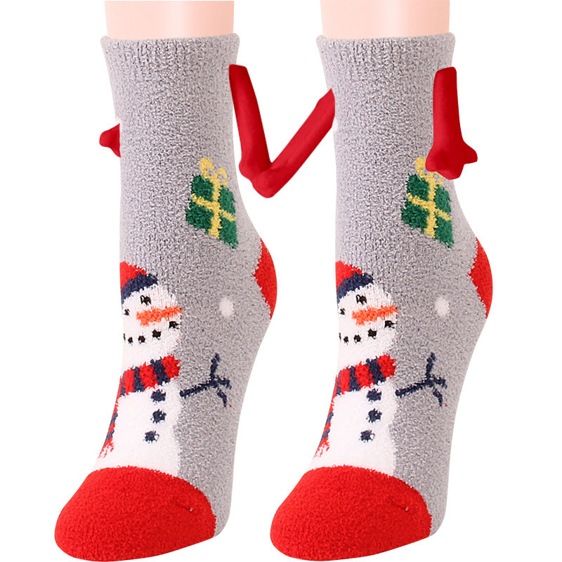 Weihnachtszubehör, magnetischer Saug-Hand-in-Hand-Paar-Socken, Korallen-Fleece-Röhrensocken, warme Hausschuhe, Bettsocken, Winter-weiche, warme Hausschuhe