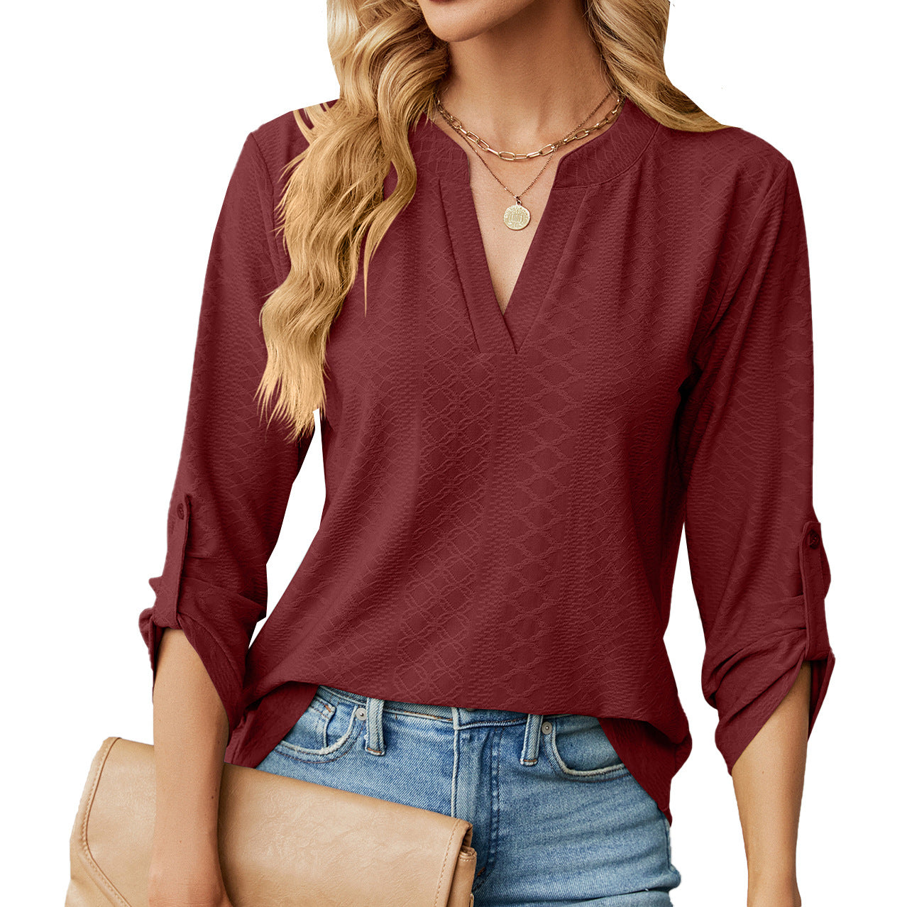 Women's V-neck Buttons Solid Color Long Sleeve Loose-fitting T-shirt Top