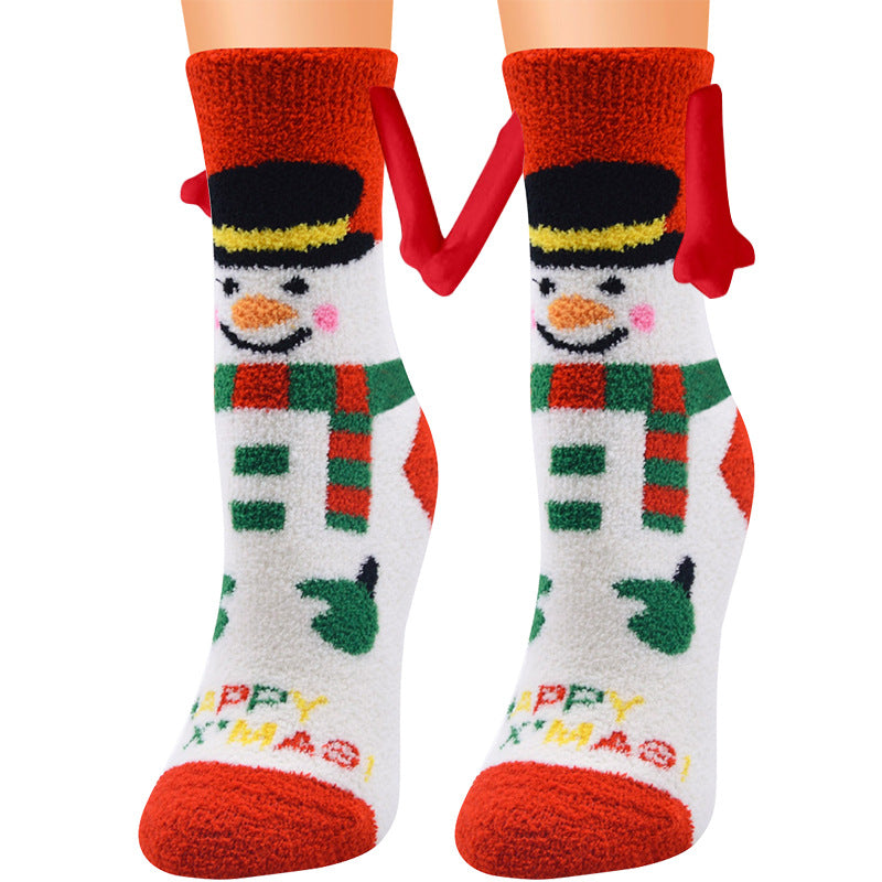 Weihnachtszubehör, magnetischer Saug-Hand-in-Hand-Paar-Socken, Korallen-Fleece-Röhrensocken, warme Hausschuhe, Bettsocken, Winter-weiche, warme Hausschuhe