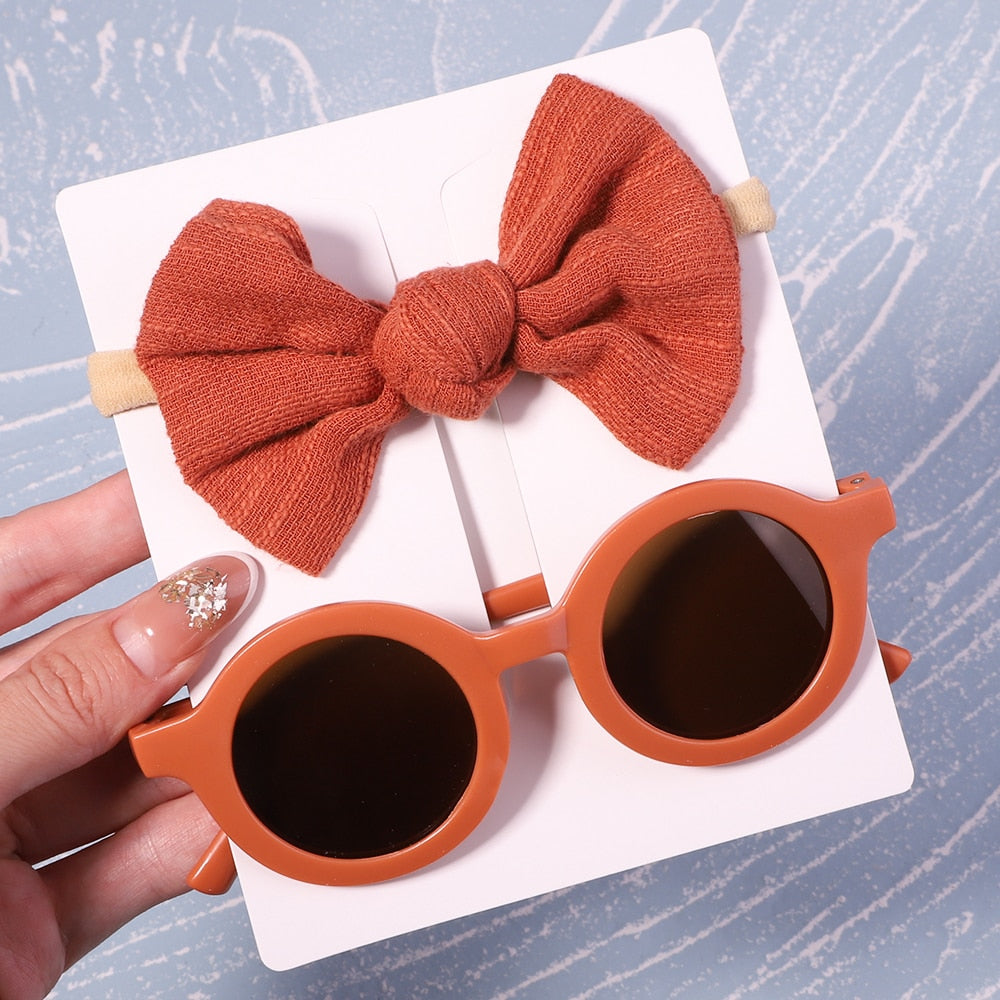 2Pcs/Pack Vintage Kids Summer Bows Headband Round Sunglasses Children Sun Glasses Protection Glasses Baby Hair Accessories