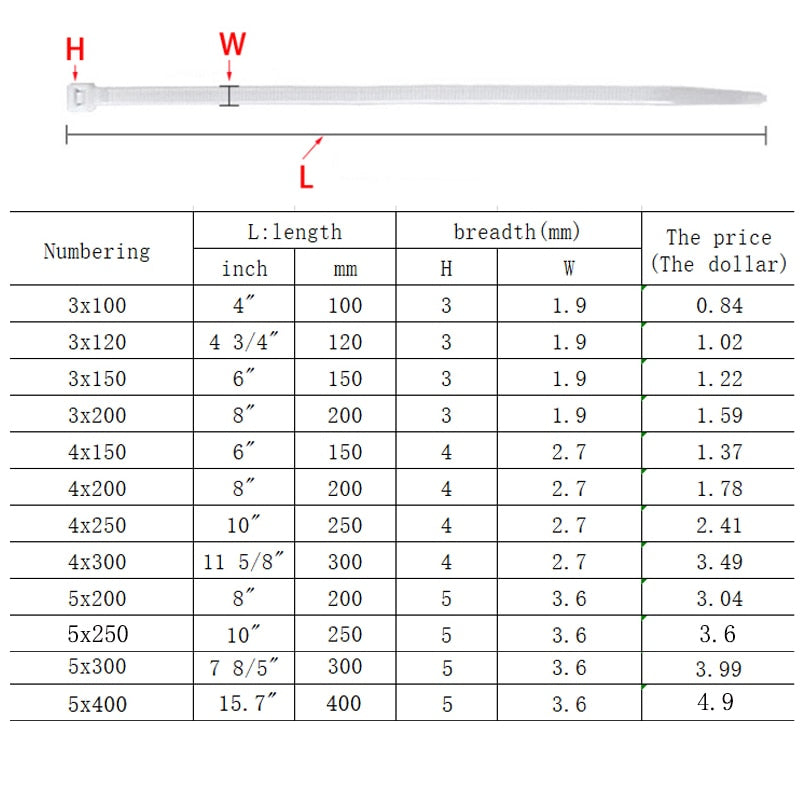 Self-locking plastic nylon tie 100 PCS black 5X300cable tie fastening ring3X200 cable tie zip wraps strap  nylon cable tie set