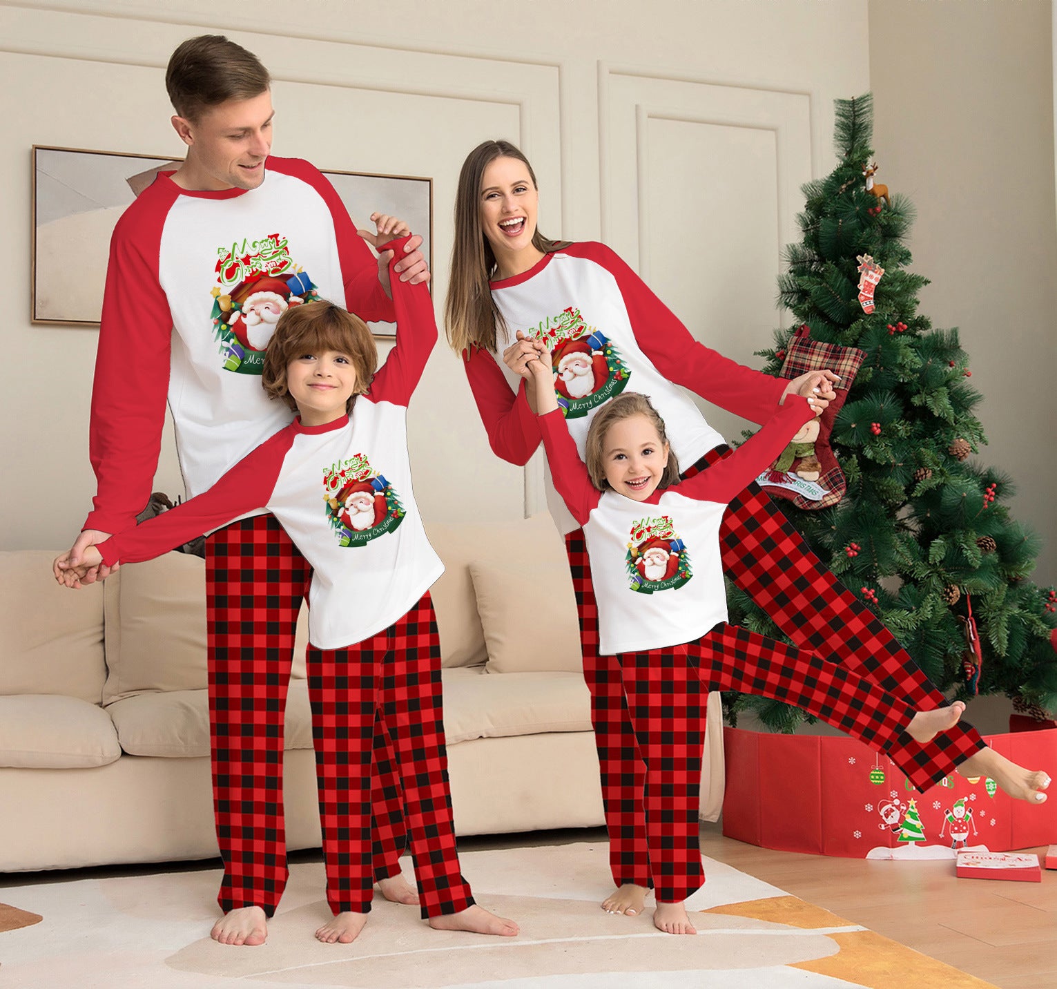 Weihnachts-Eltern-Kind-Kleidungsset, langärmeliges T-Shirt, karierte Hosen, passender Familien-Pyjama