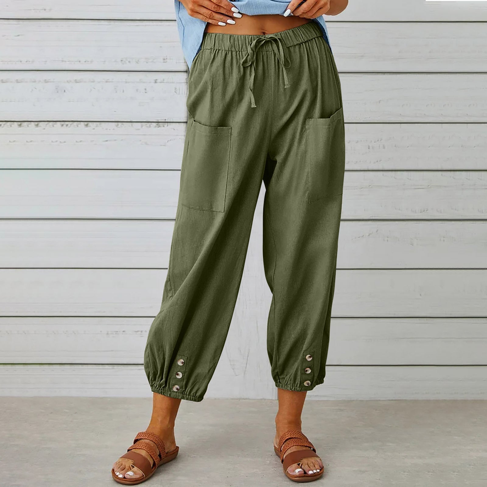 Damen-Hose mit Kordelzug, Krawatte, Frühling, Sommer, Baumwolle und Leinen, Hose mit Taschen und Knopf