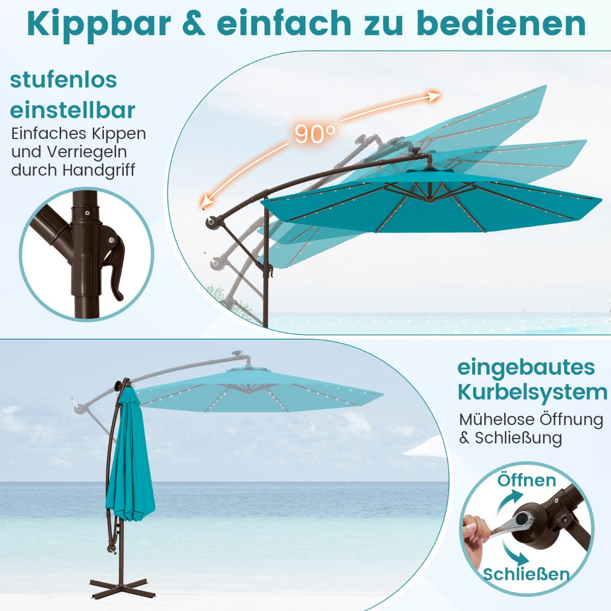 300 cm Ampelschirm mit 40 Solar-LED-Leuchten & Sandsäcke & Kurbel & UV-Schutz Sonnenschirm TÃ¼rkis