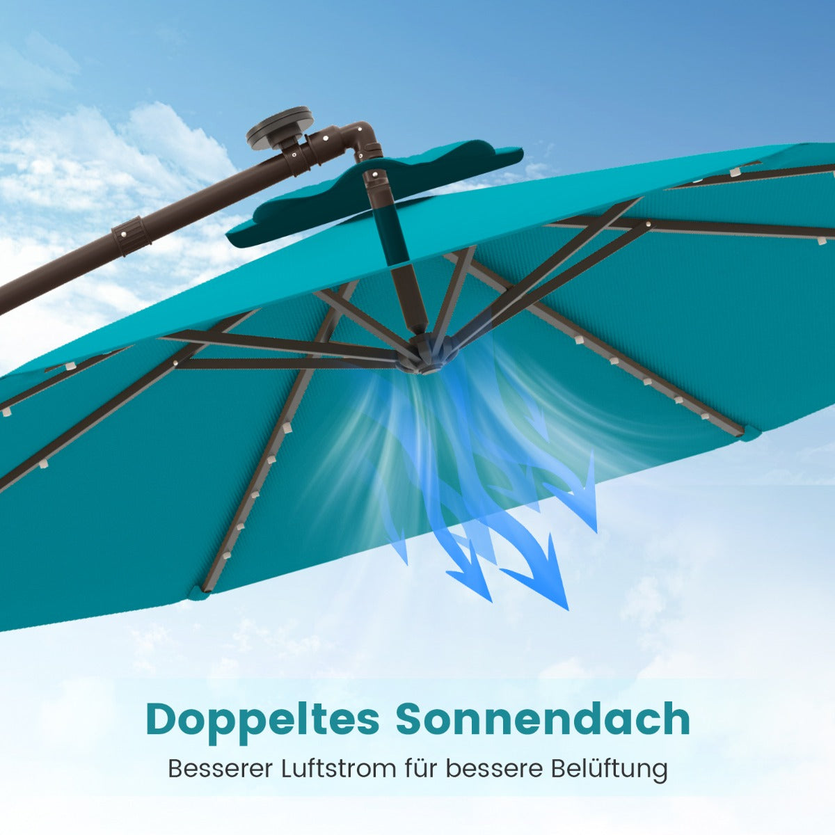 300 cm Ampelschirm mit 40 Solar-LED-Leuchten & Sandsäcke & Kurbel & UV-Schutz Sonnenschirm TÃ¼rkis