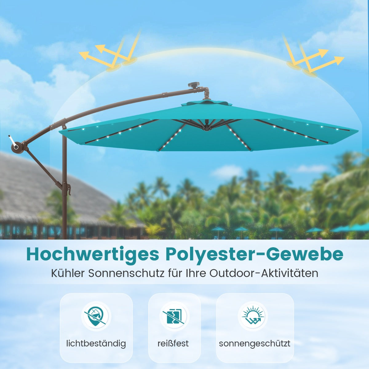300 cm Ampelschirm mit 40 Solar-LED-Leuchten & Sandsäcke & Kurbel & UV-Schutz Sonnenschirm TÃ¼rkis