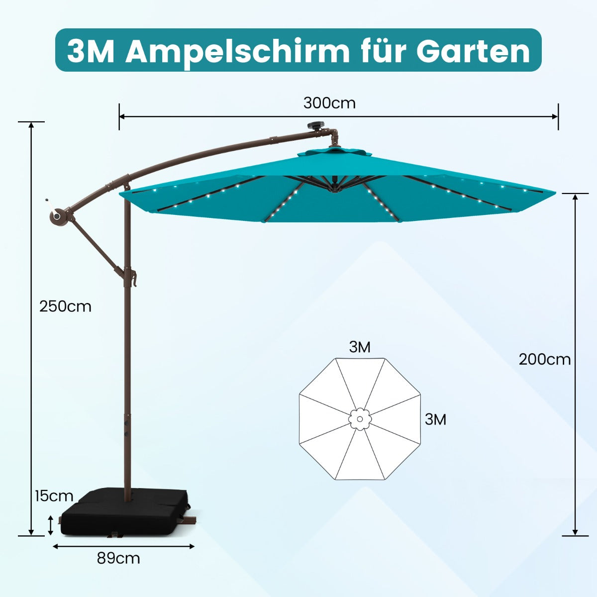 300 cm Ampelschirm mit 40 Solar-LED-Leuchten & Sandsäcke & Kurbel & UV-Schutz Sonnenschirm TÃ¼rkis
