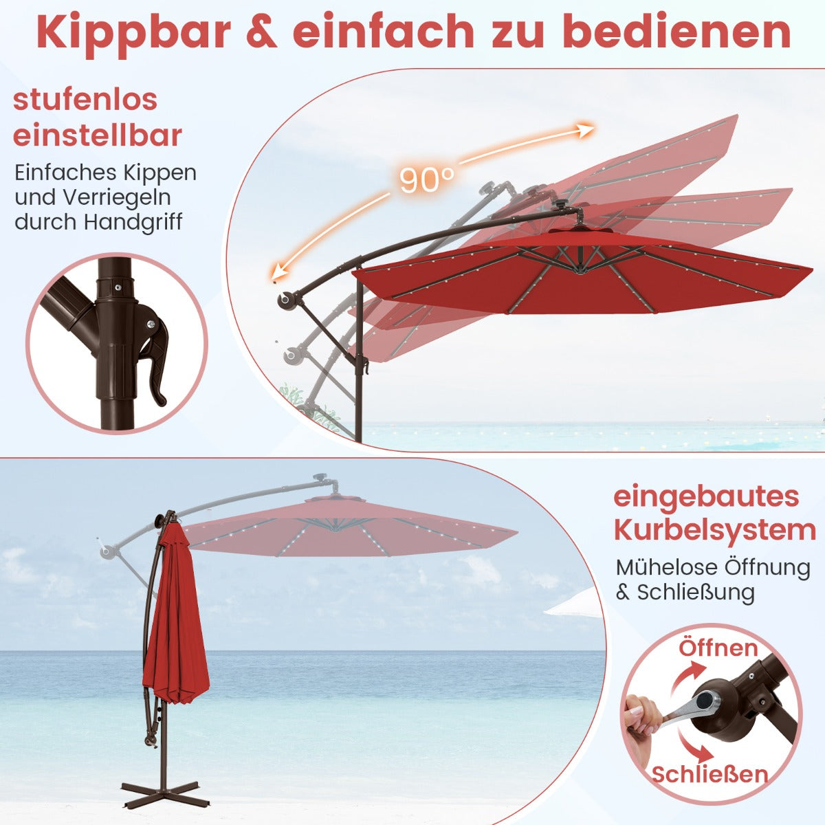 300 cm Ampelschirm mit 40 Solar-LED-Leuchten & Sandsäcke & Kurbel & UV-Schutz Sonnenschirm Rot