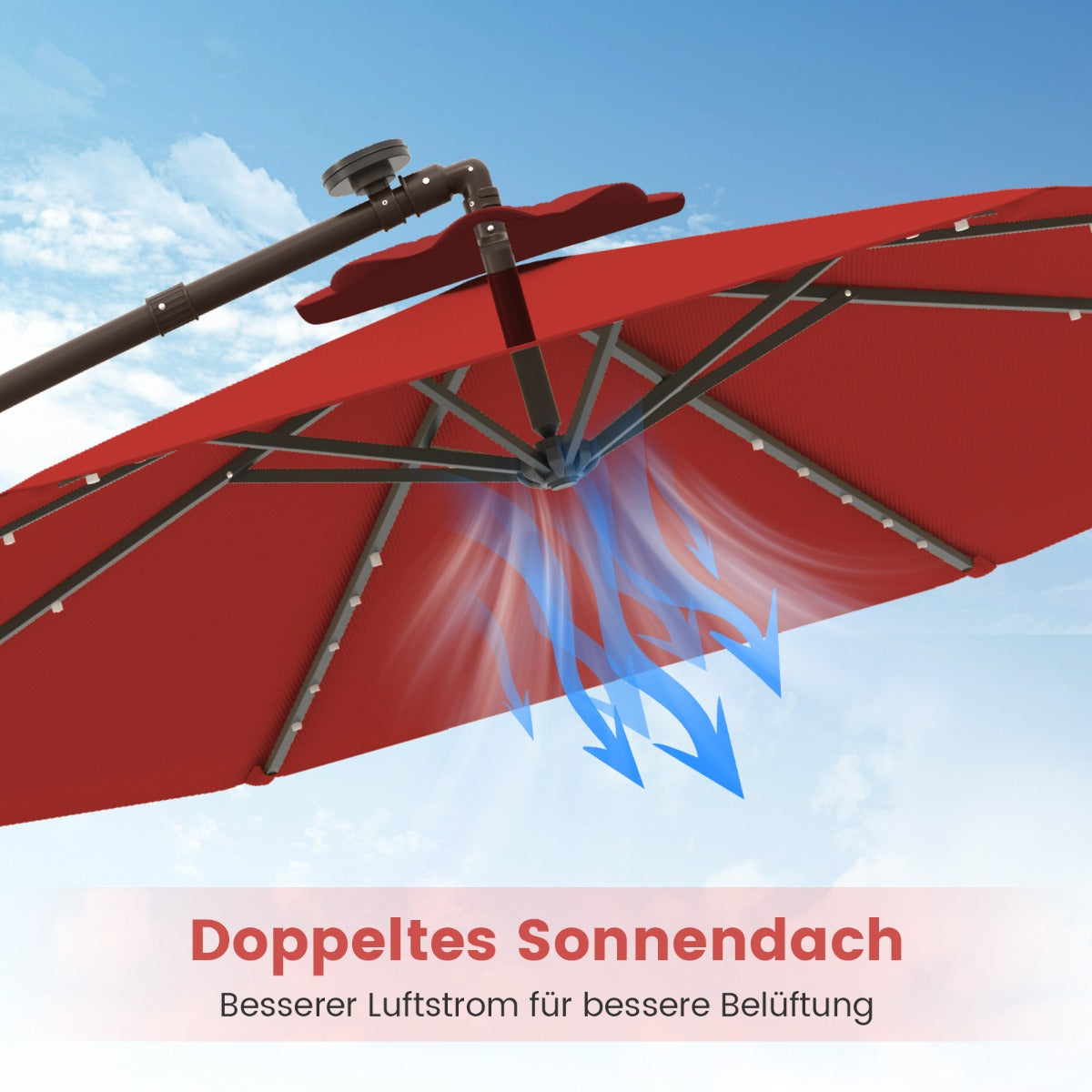300 cm Ampelschirm mit 40 Solar-LED-Leuchten & Sandsäcke & Kurbel & UV-Schutz Sonnenschirm Rot