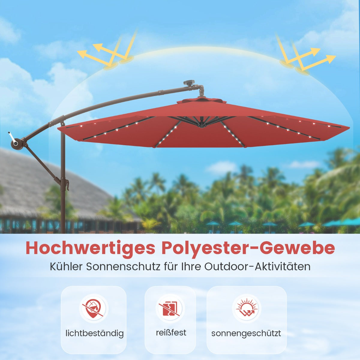 300 cm Ampelschirm mit 40 Solar-LED-Leuchten & Sandsäcke & Kurbel & UV-Schutz Sonnenschirm Rot