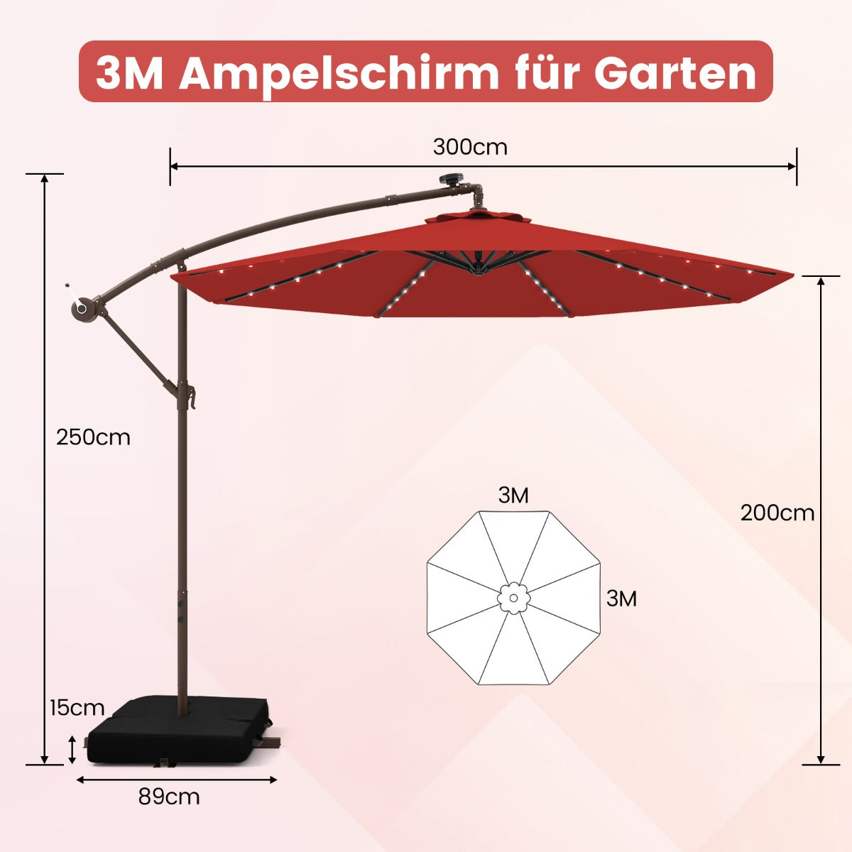 300 cm Ampelschirm mit 40 Solar-LED-Leuchten & Sandsäcke & Kurbel & UV-Schutz Sonnenschirm Rot