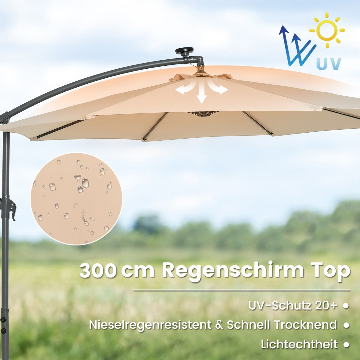 300 cm Ampelschirm mit 40 Solar-LED-Leuchten & Sandsäcke & Kurbel & UV-Schutz Sonnenschirm Beige