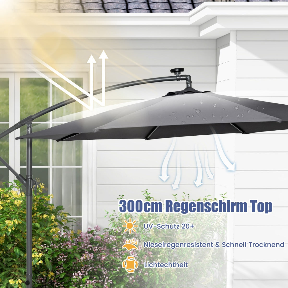 300 cm Ampelschirm mit 40 Solar-LED-Leuchten & Sandsäcke & Kurbel & UV-Schutz Sonnenschirm Grau