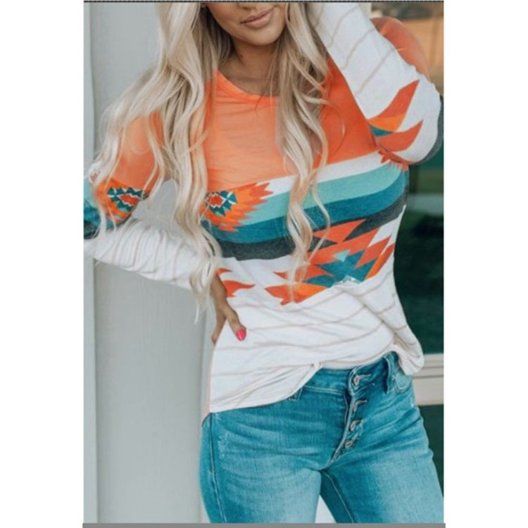Women's Printed Round Neck Knitted Long-sleeved Top T-shirt
