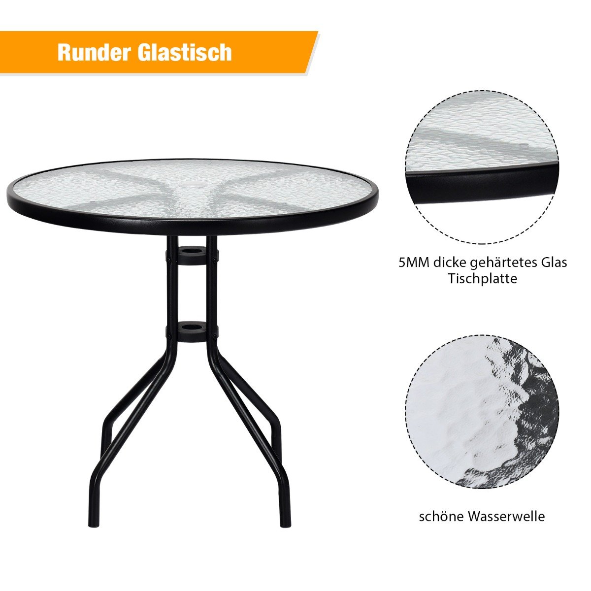 Gartentisch mit Tischplatte aus Gehärtetem Glas & Schirmloch & Metallrahmen Terrassentisch