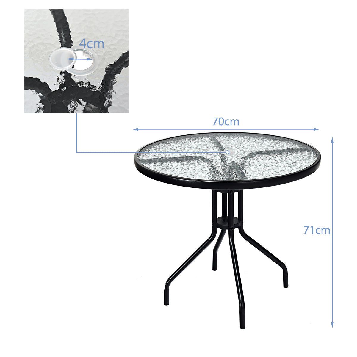 Gartentisch mit Tischplatte aus Gehärtetem Glas & Schirmloch & Metallrahmen Terrassentisch