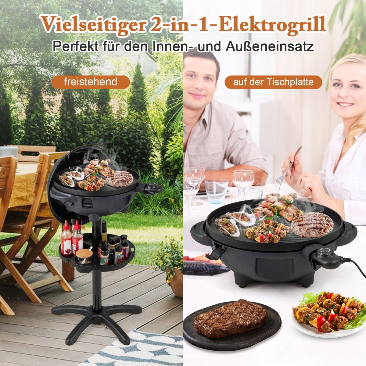 Elektrischer BBQ-Grill 1200 W-Elektrogrill mit 2-Zonen-Antihaft-Grillplatte Schwarz