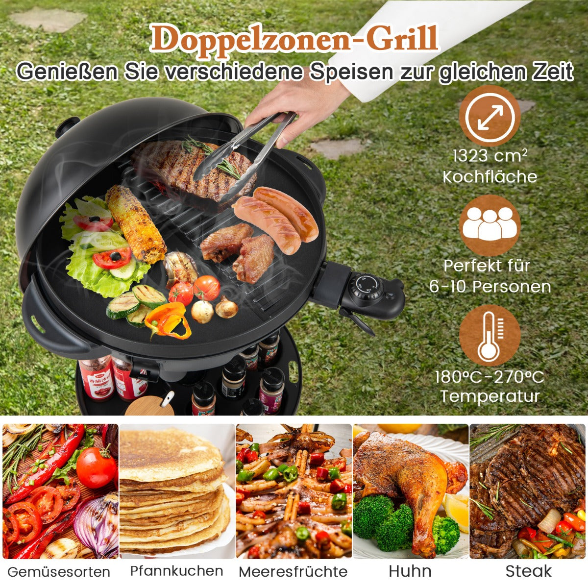 Elektrischer BBQ-Grill 1200 W-Elektrogrill mit 2-Zonen-Antihaft-Grillplatte Schwarz