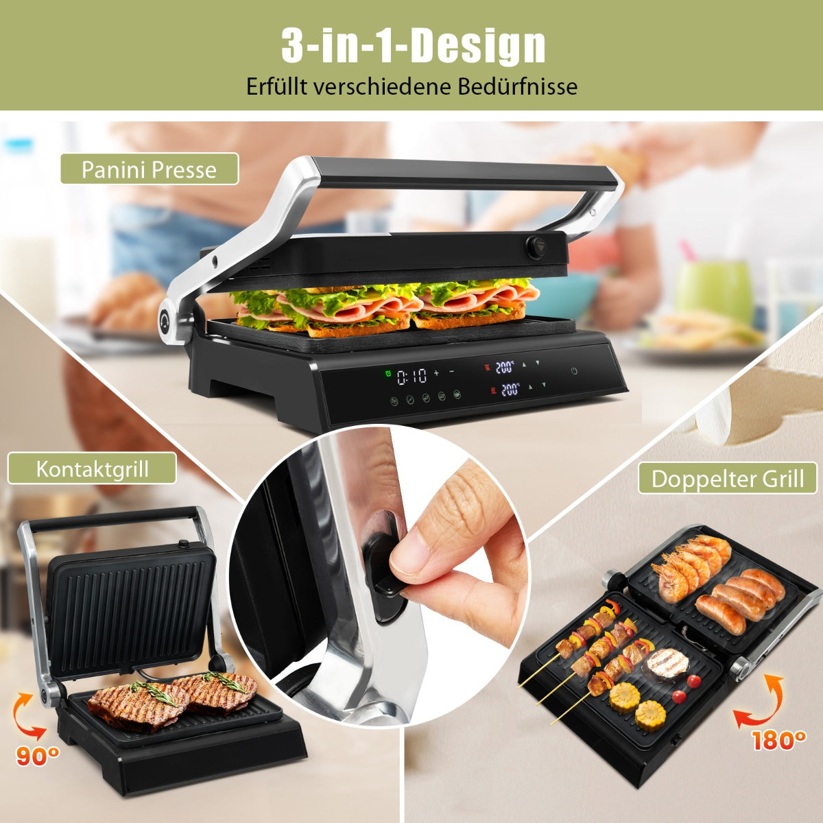 3-in-1 1800W Panini-Pressgrill mit antihaftbeschichteten Platten Elektrogrill