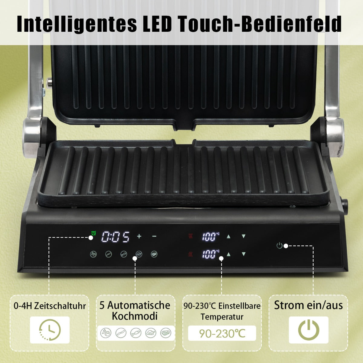 3-in-1 1800W Panini-Pressgrill mit antihaftbeschichteten Platten Elektrogrill