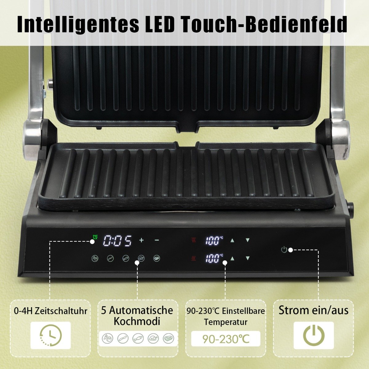 3-in-1 1800W Panini-Pressgrill mit antihaftbeschichteten Platten Elektrogrill