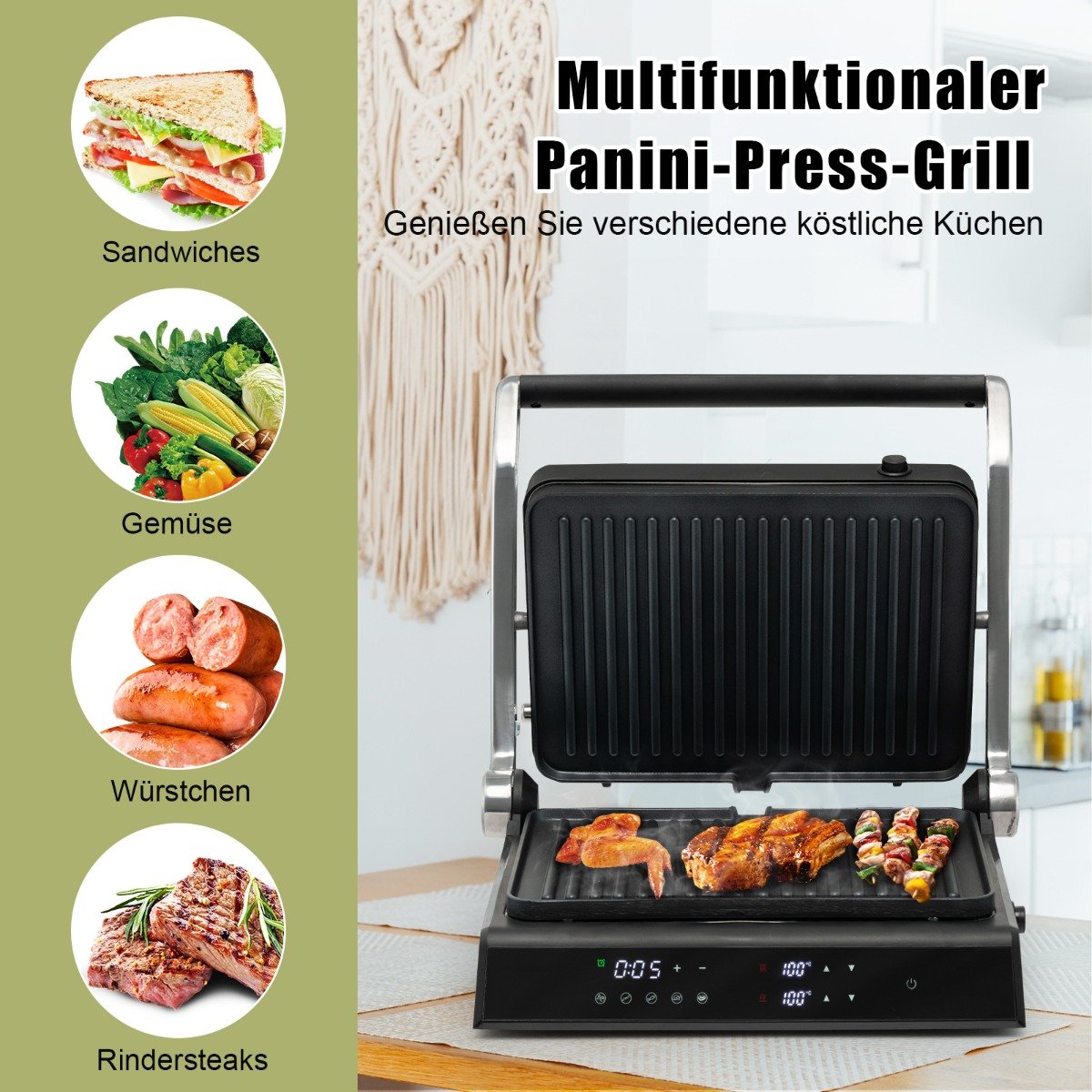 3-in-1 1800W Panini-Pressgrill mit antihaftbeschichteten Platten Elektrogrill