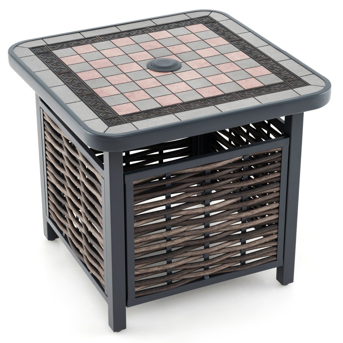 Outdoor PE Rattan Gartentisch mit Harz-Tischplatte & Sonnenschirmloch Couchtisch fÃ¼r Garten