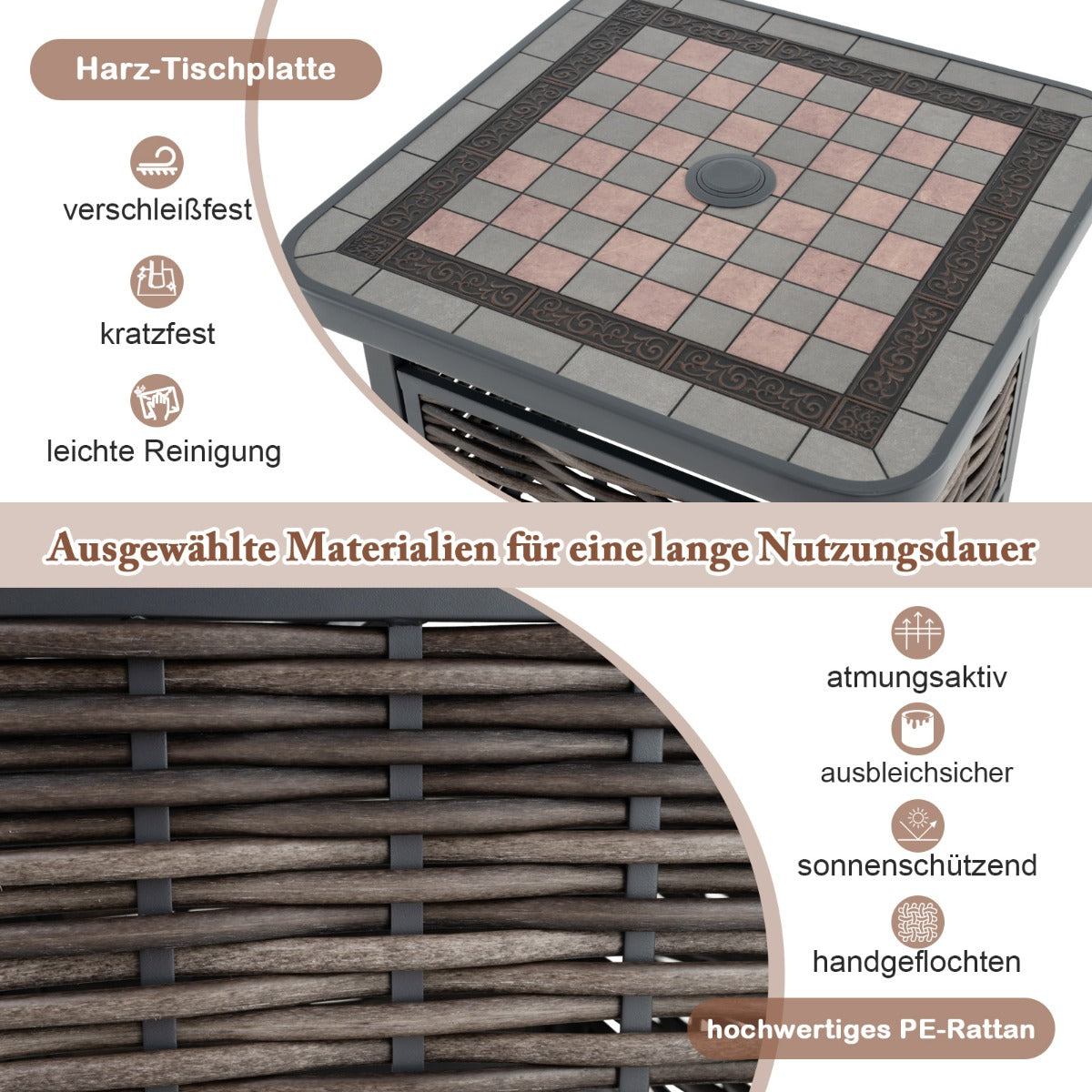 Outdoor PE Rattan Gartentisch mit Harz-Tischplatte & Sonnenschirmloch Couchtisch fÃ¼r Garten