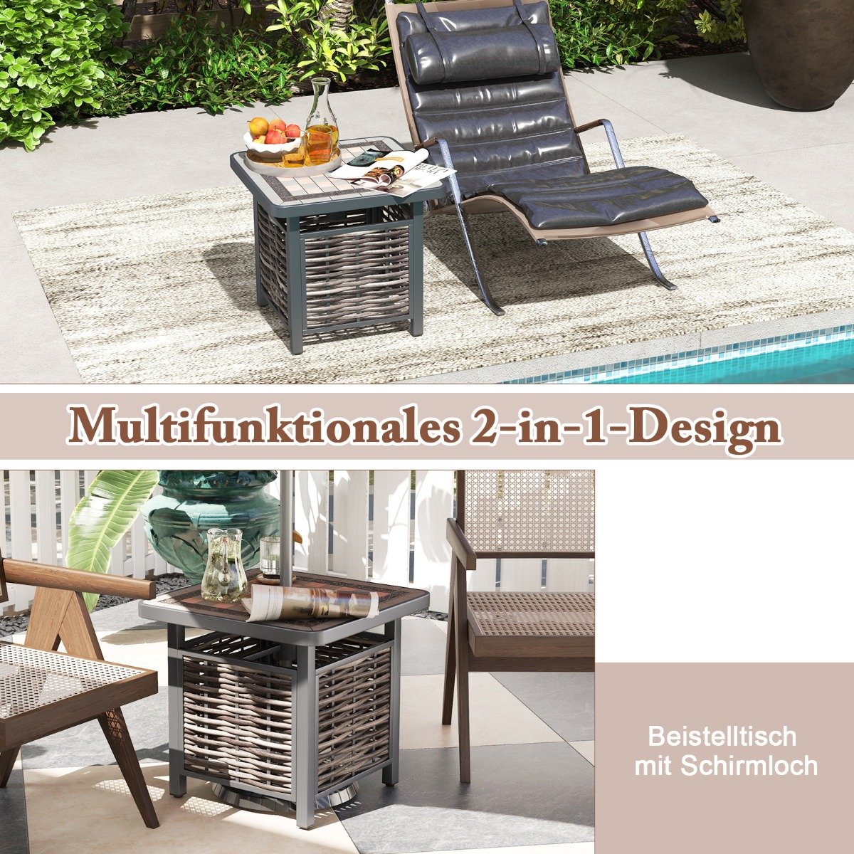 Outdoor PE Rattan Gartentisch mit Harz-Tischplatte & Sonnenschirmloch Couchtisch fÃ¼r Garten