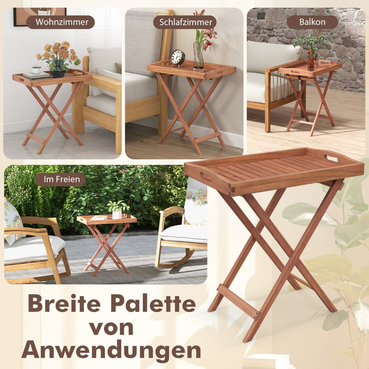 Beistelltisch Akazienholz Gartentisch klein Balkontisch Holztisch mit Lamellen-Tischplatte 68 x 44 x 74 cm Natur