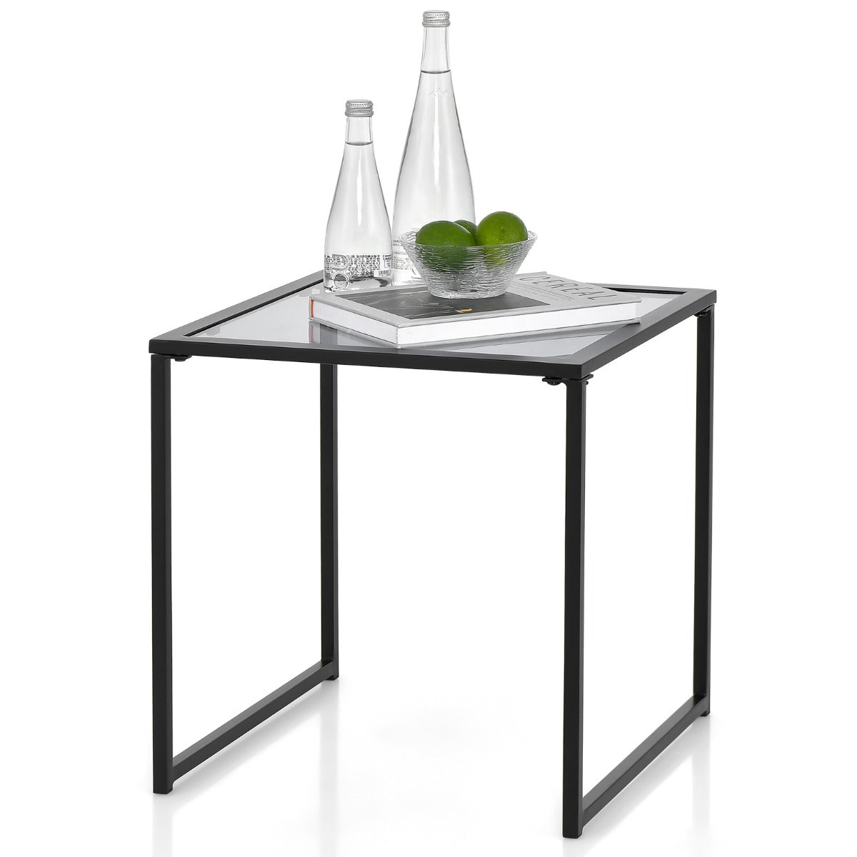 Beistelltisch Kleiner Gartentisch Balkontisch mit Tischplatte aus gehärtetem Glas 43 x 43 x 45 cm Schwarz