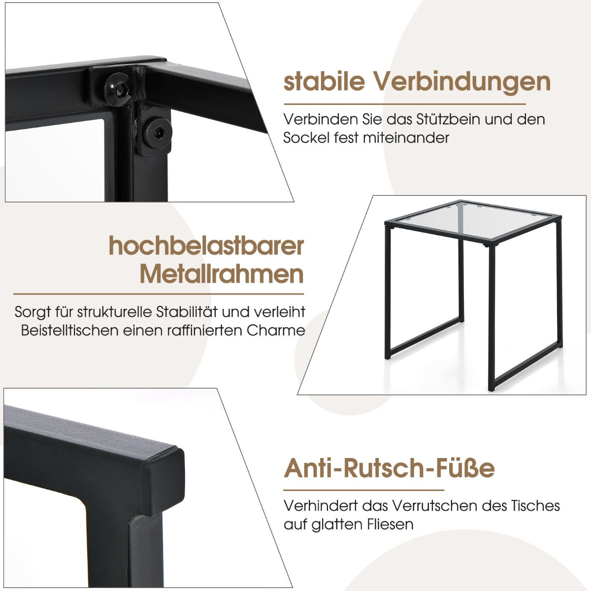 Beistelltisch Kleiner Gartentisch Balkontisch mit Tischplatte aus gehärtetem Glas 43 x 43 x 45 cm Schwarz