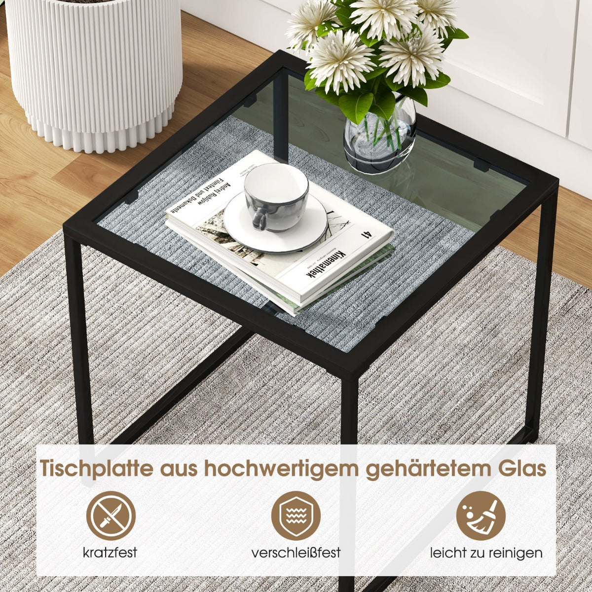 Beistelltisch Kleiner Gartentisch Balkontisch mit Tischplatte aus gehärtetem Glas 43 x 43 x 45 cm Schwarz