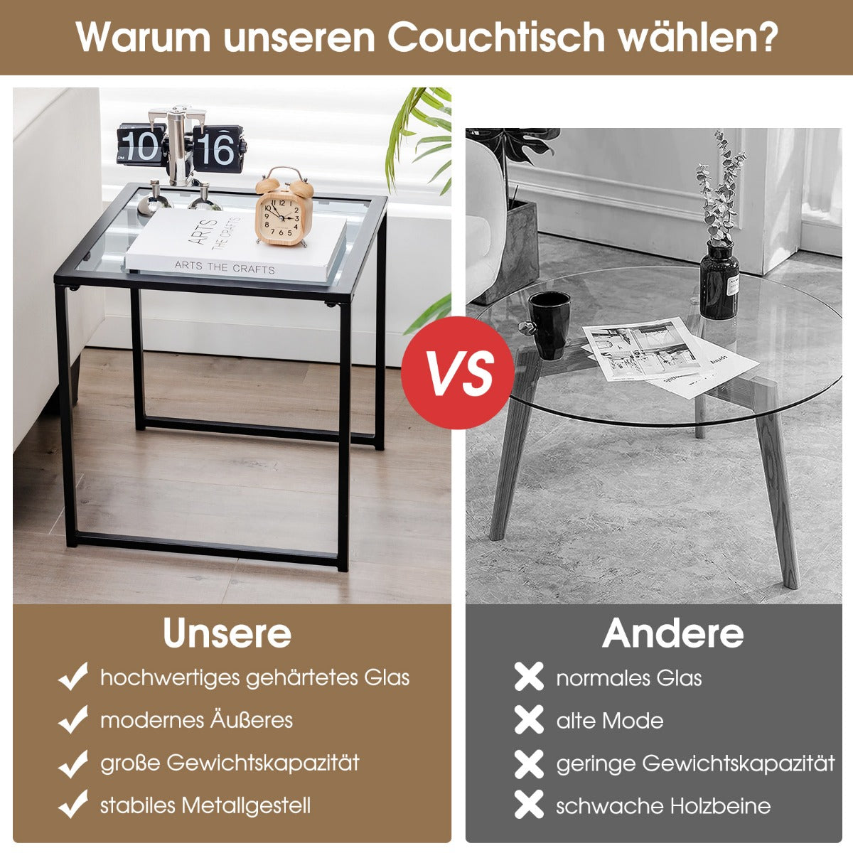 Beistelltisch Kleiner Gartentisch Balkontisch mit Tischplatte aus gehärtetem Glas 43 x 43 x 45 cm Schwarz