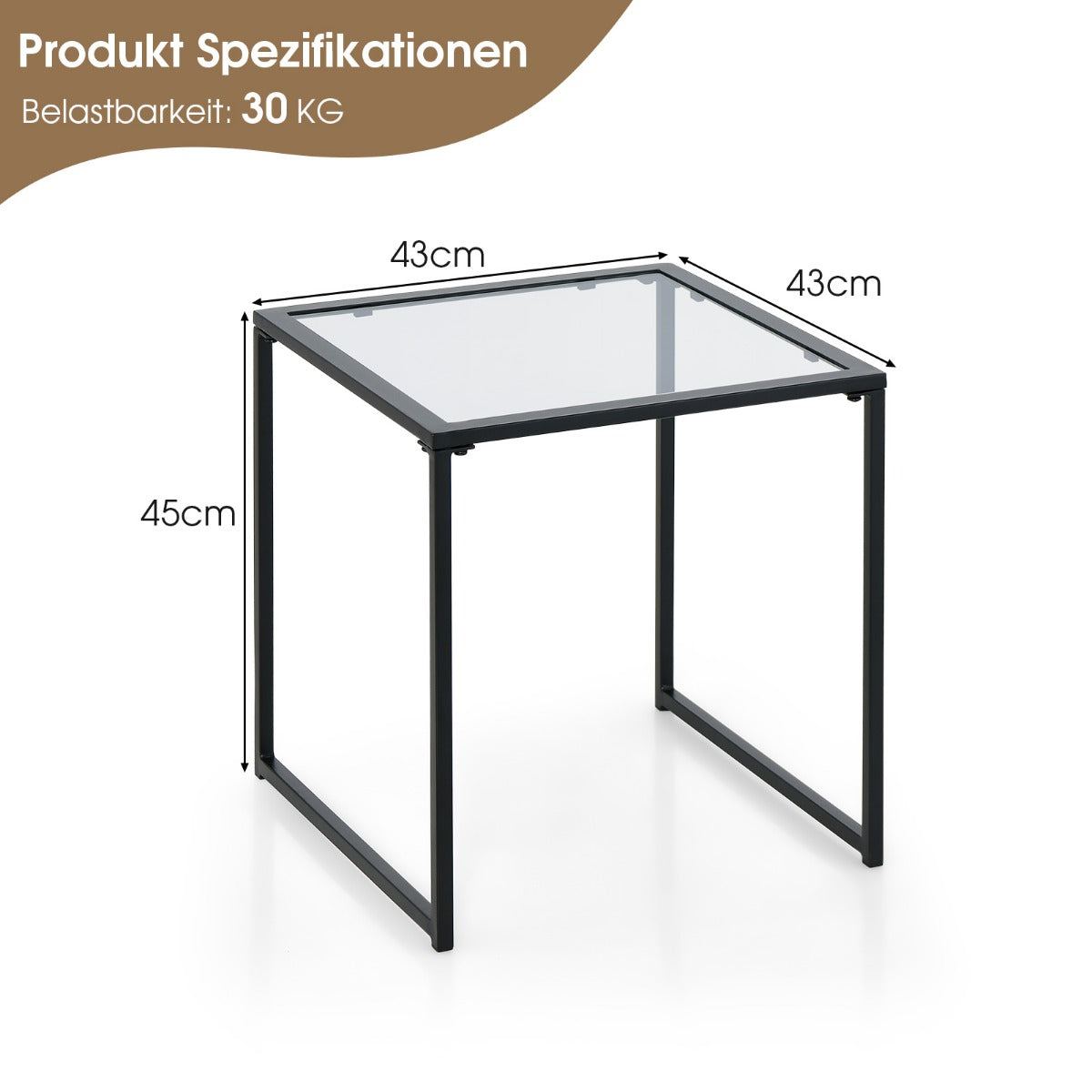 Beistelltisch Kleiner Gartentisch Balkontisch mit Tischplatte aus gehärtetem Glas 43 x 43 x 45 cm Schwarz