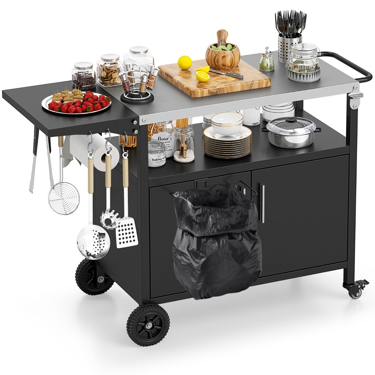 Outdoor Grillwagen  mit Edelstahlplatte & Klappbarem Seitentisch & Schrank Grilltisch